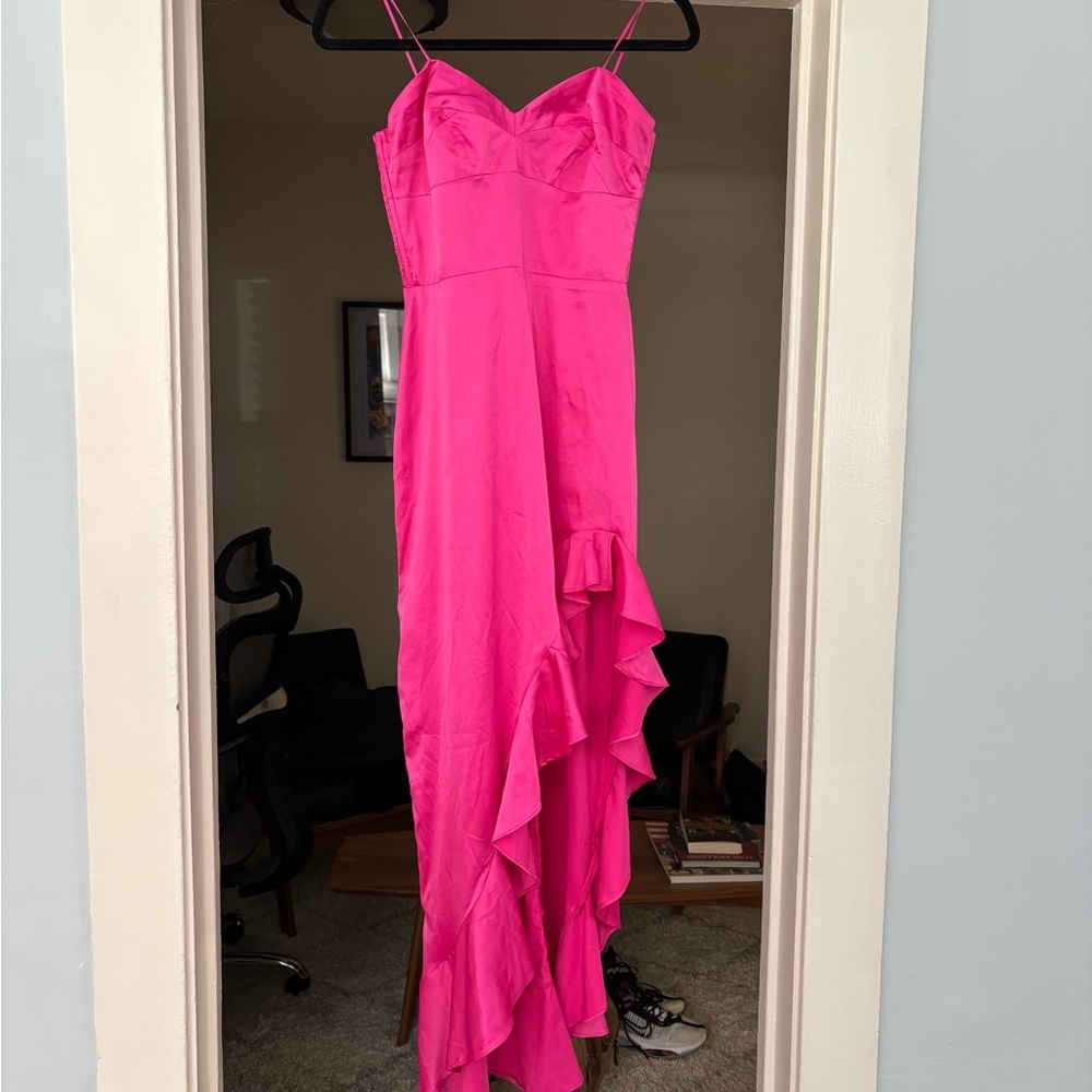 Aqua Hot Pink Satin Ruffly Maxi Dress size XS